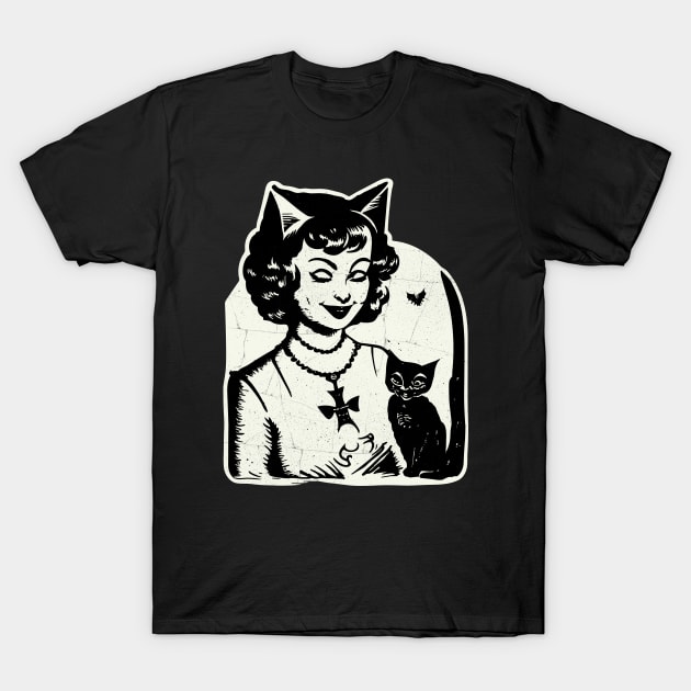 Vintage Halloween Girl and Black Cat T-Shirt by valentinahramov